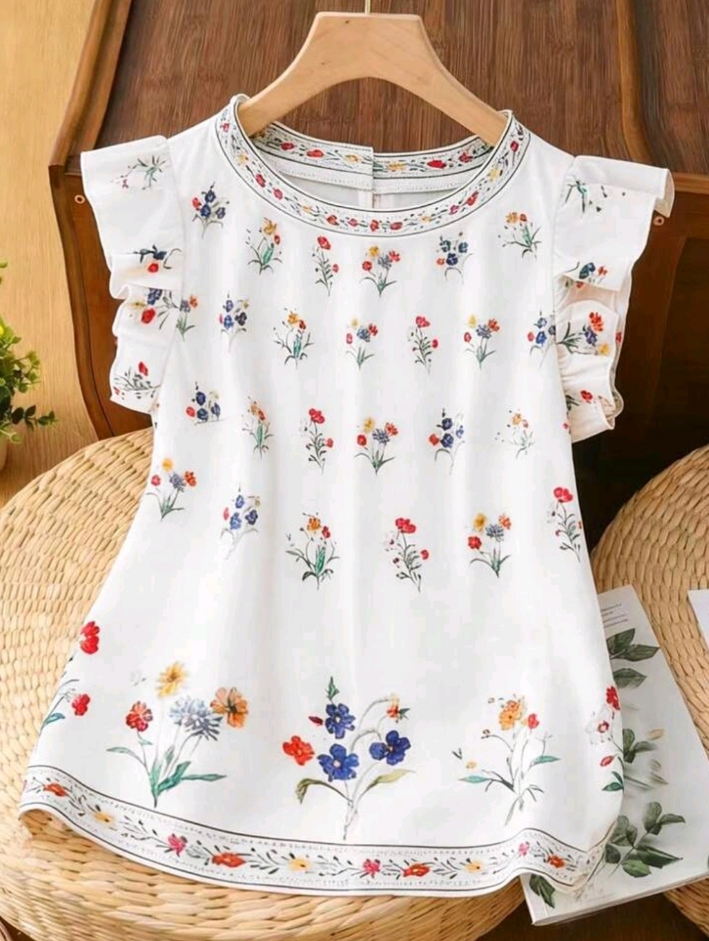 White Floral Ruffle Sleeve Blouse